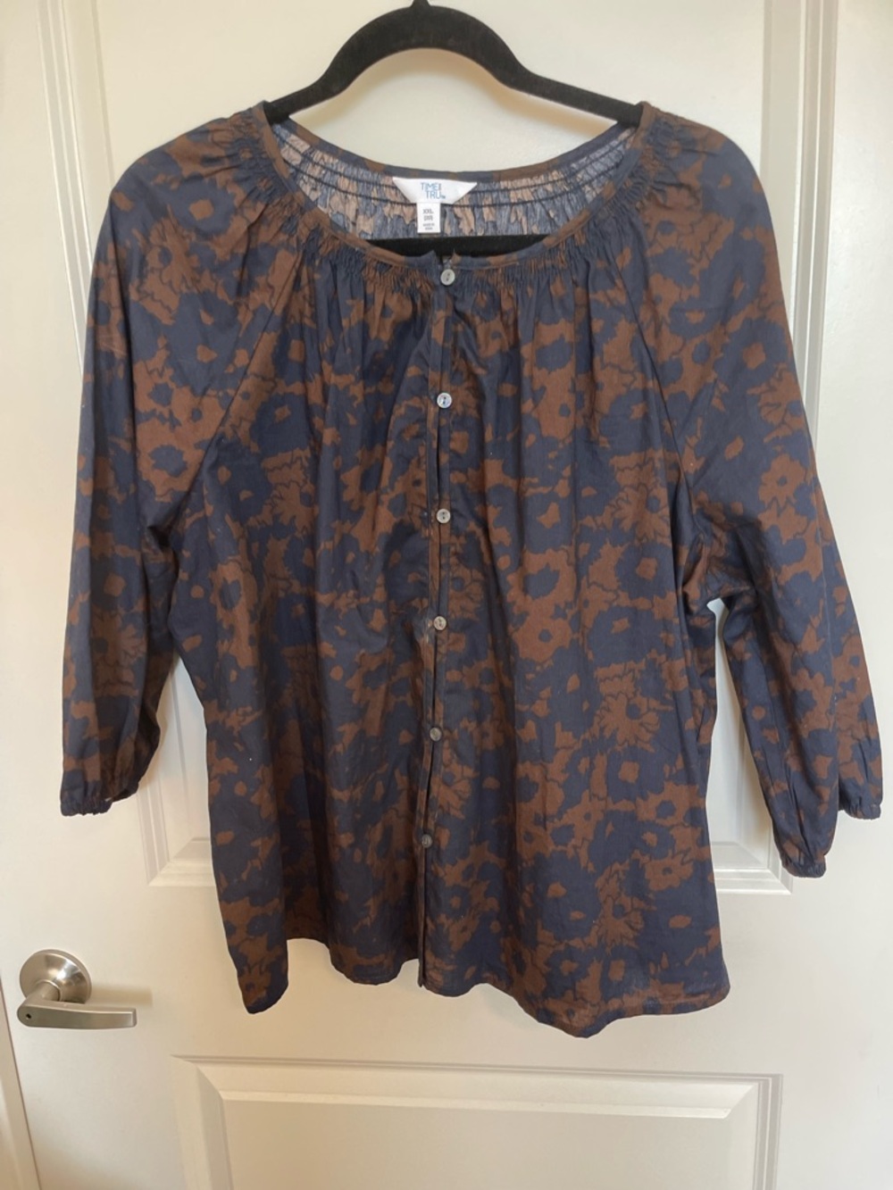 Time and Tru Brown Floral Button-Front Peasant Blouse